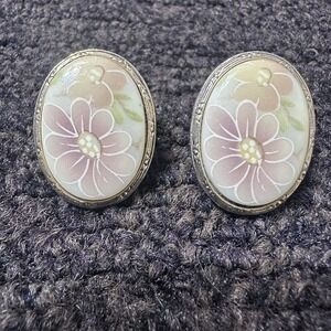 1928 Brand Soft Pink Floral Clip On Earrings Gold Tone Oval Costume Jewelry